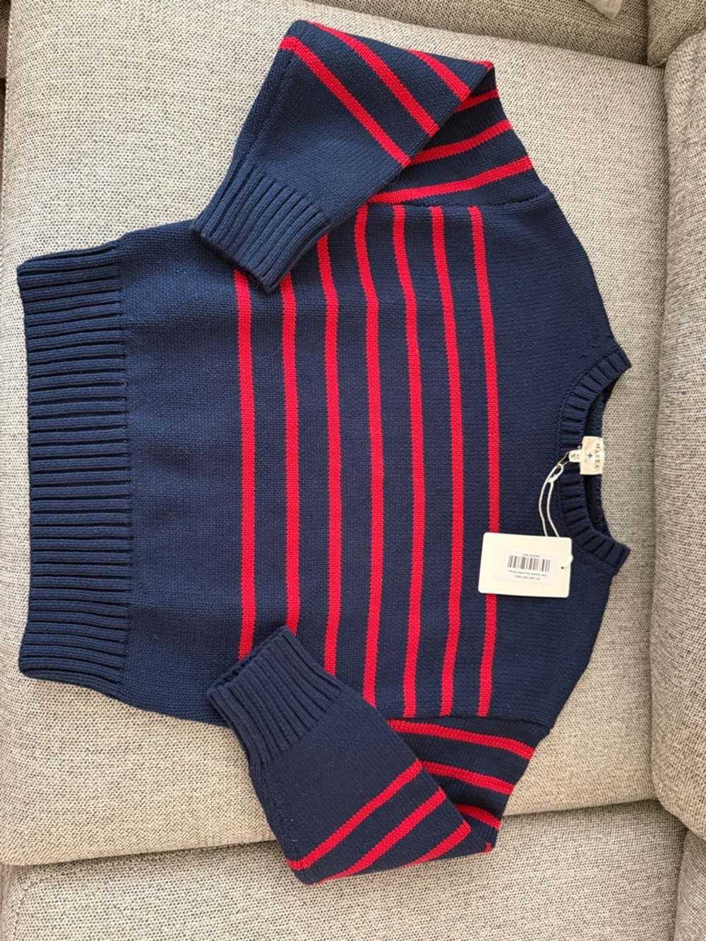 Women's Navy and Red Striped Crewneck Sweater
